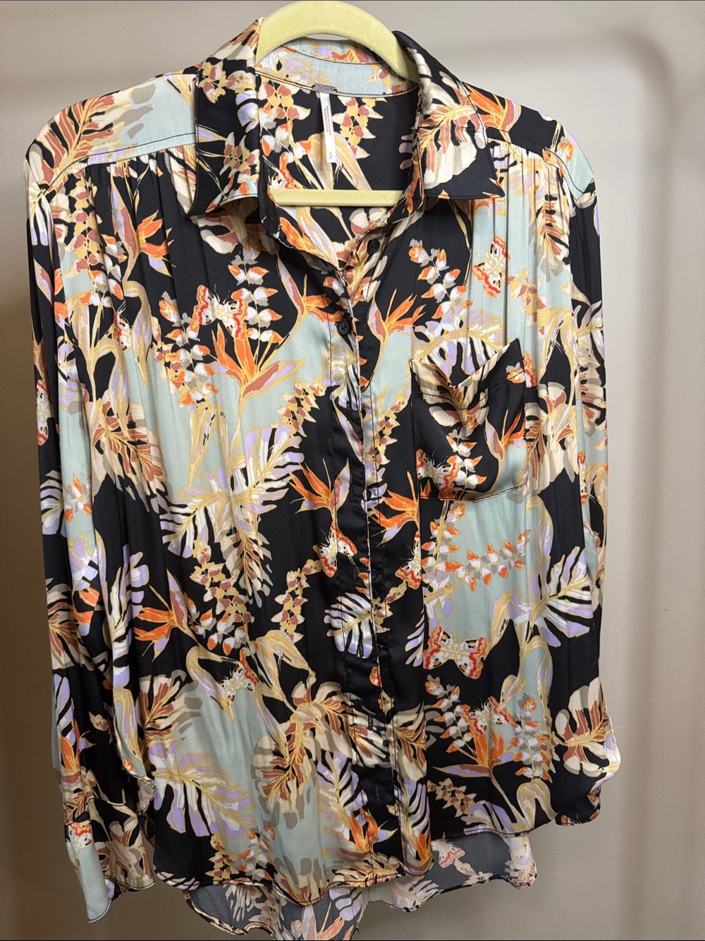 Free People Black Floral Button-Down Shirt with Pastel Accents. Oversized &silky